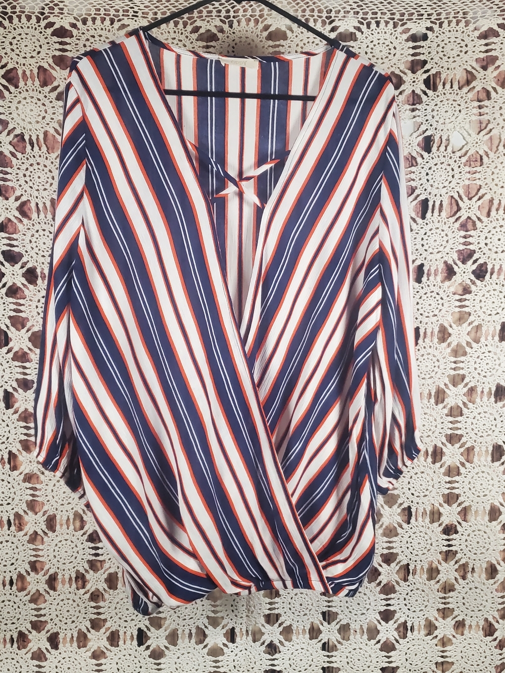 ODDY Navy, White & Red Striped Wrap-Front Blouse